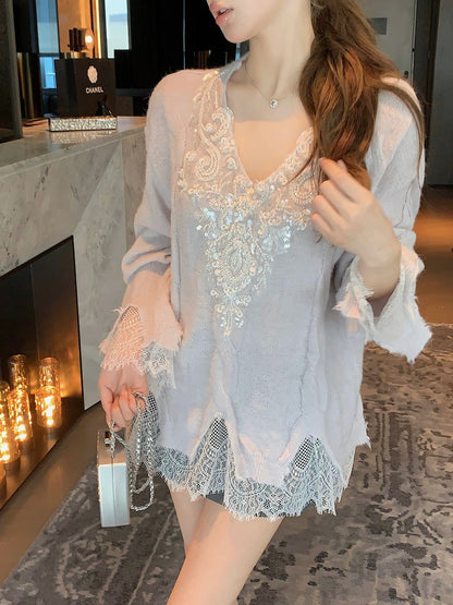 Qiu Rouyao To Alice Pearl Sequin Pullover Sweater Women's Loose Temperament Lace V-Neck Sweater