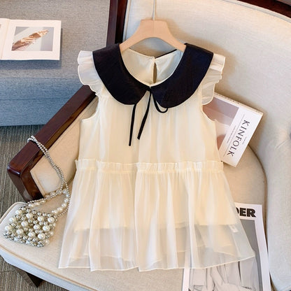 Sweet girl customization~Sweet lace-up small flying sleeve chiffon shirt for women new salt style age-reducing fashion two-piece set