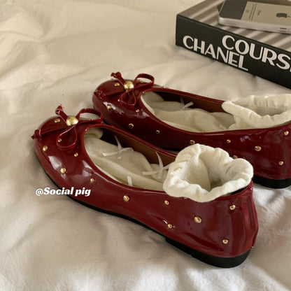 Evening style~French chic! Women's vintage flat ballet shoes with bow tie and single buckle.