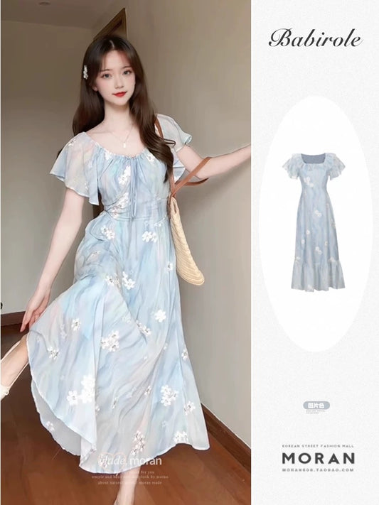 French tea break gentle floral embroidered lotus leaf sleeve dress summer waist V-neck chiffon temperament slimming long dress