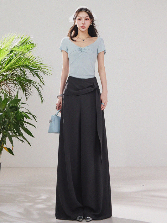 ABWLR Leisurely Stroll - Original Lazy Style Black Wide-Leg Casual Pants for Women, High-End Slimming Flowing Trousers