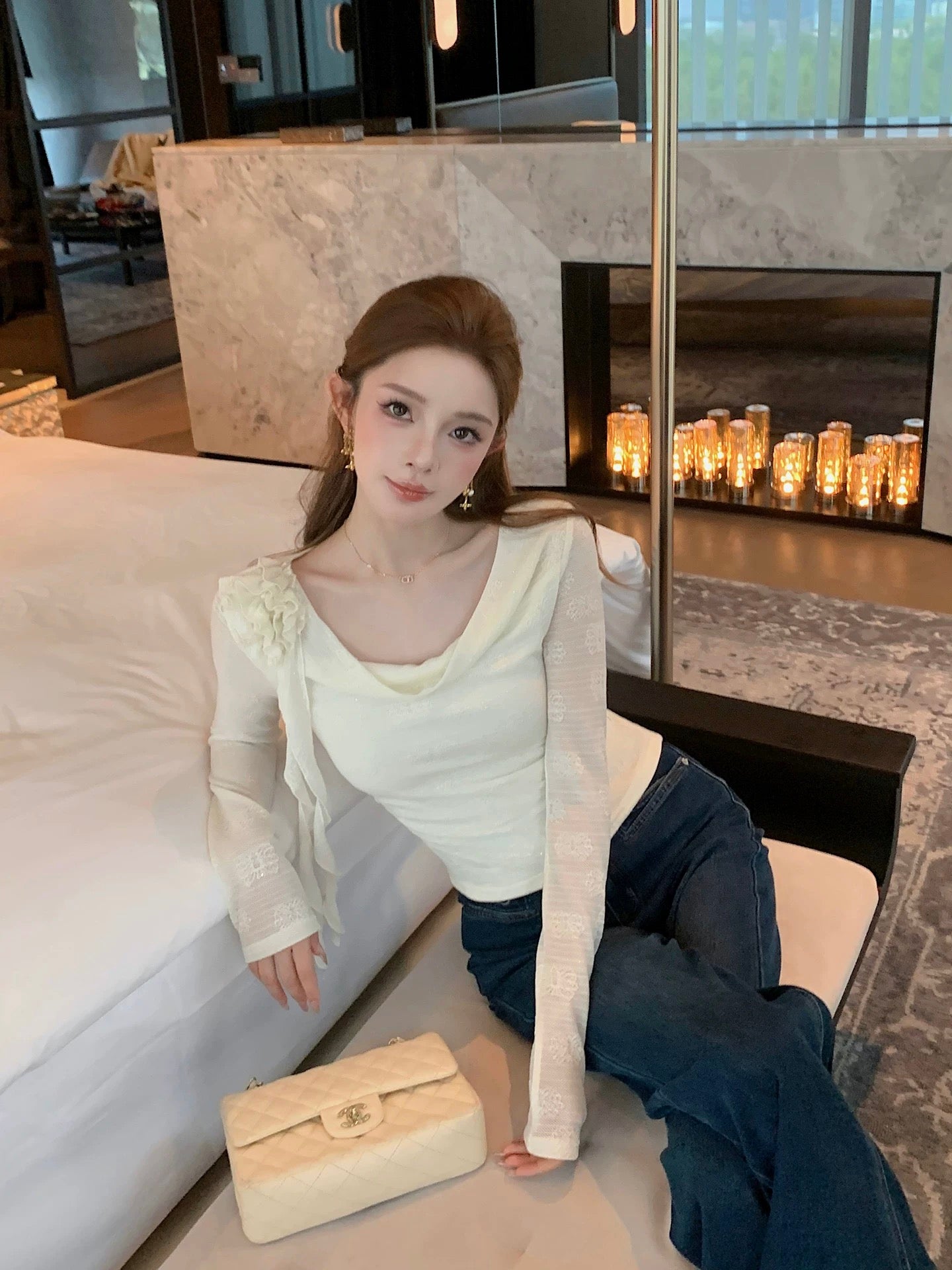 Qiu Rouyao Girl Venus Design Long Sleeve Bottoming Shirt Pure Desire Collar Top Waist Pleated Chiffon Shirt