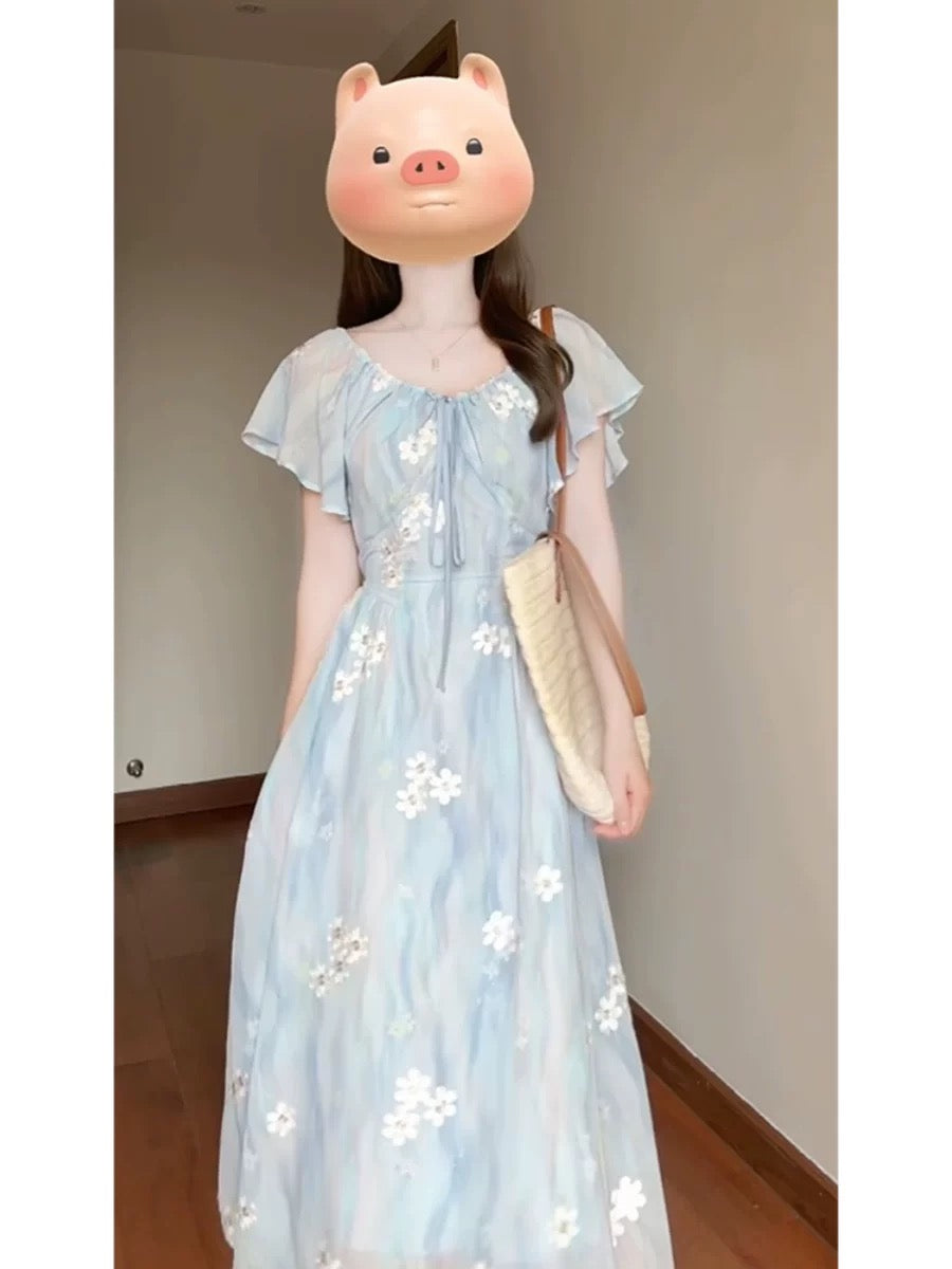 French tea break gentle floral embroidered lotus leaf sleeve dress summer waist V-neck chiffon temperament slimming long dress