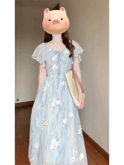 French tea break gentle floral embroidered lotus leaf sleeve dress summer waist V-neck chiffon temperament slimming long dress