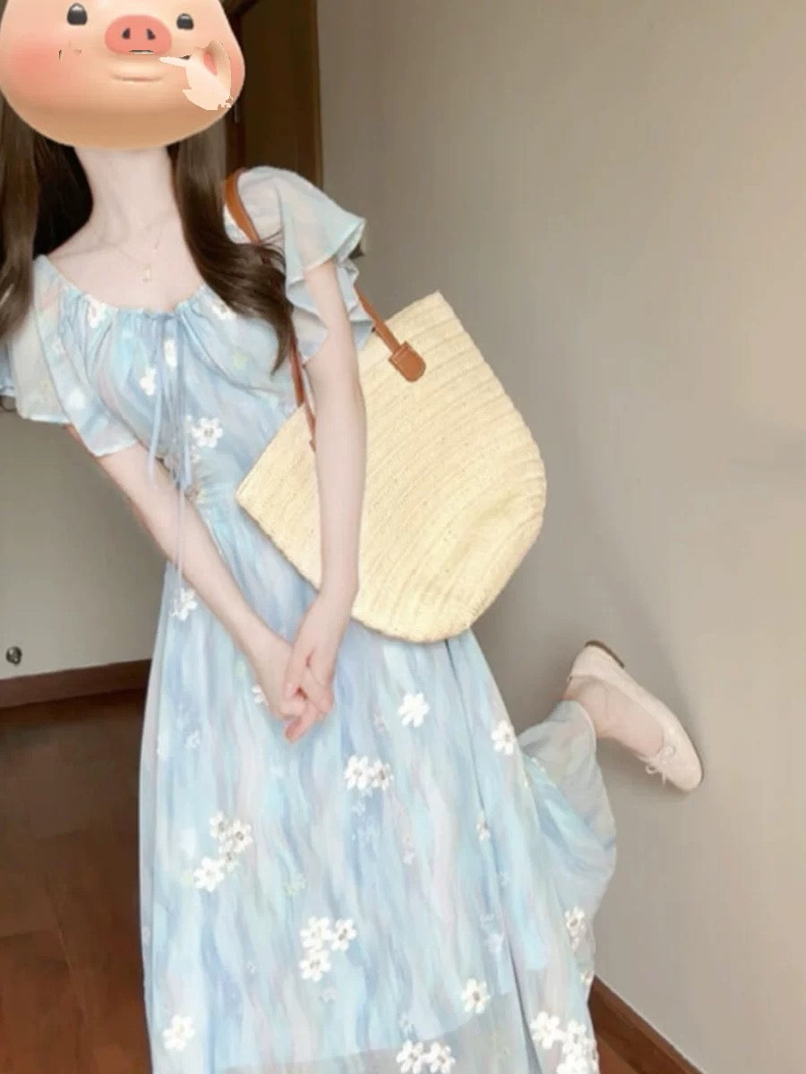 French tea break gentle floral embroidered lotus leaf sleeve dress summer waist V-neck chiffon temperament slimming long dress
