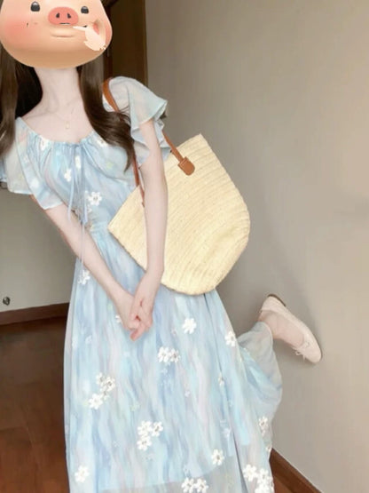 French tea break gentle floral embroidered lotus leaf sleeve dress summer waist V-neck chiffon temperament slimming long dress
