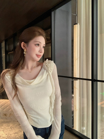 Qiu Rouyao Girl Venus Design Long Sleeve Bottoming Shirt Pure Desire Collar Top Waist Pleated Chiffon Shirt