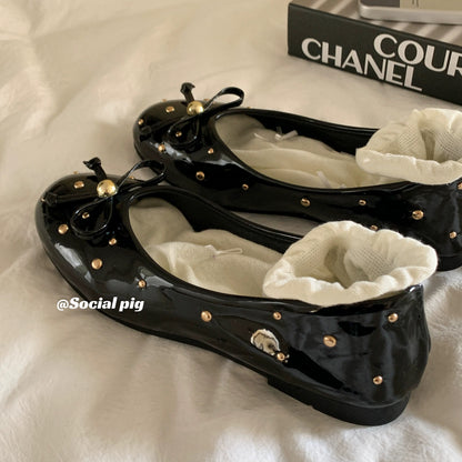 Evening style~French chic! Women's vintage flat ballet shoes with bow tie and single buckle.