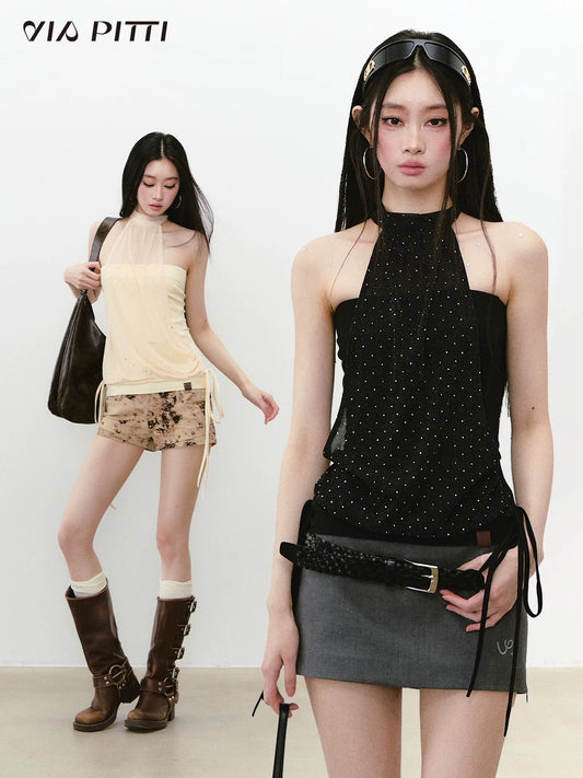 VIAPITTI design chest-wrapped halter neck glittering mesh splicing vest women's summer slim lace-up top