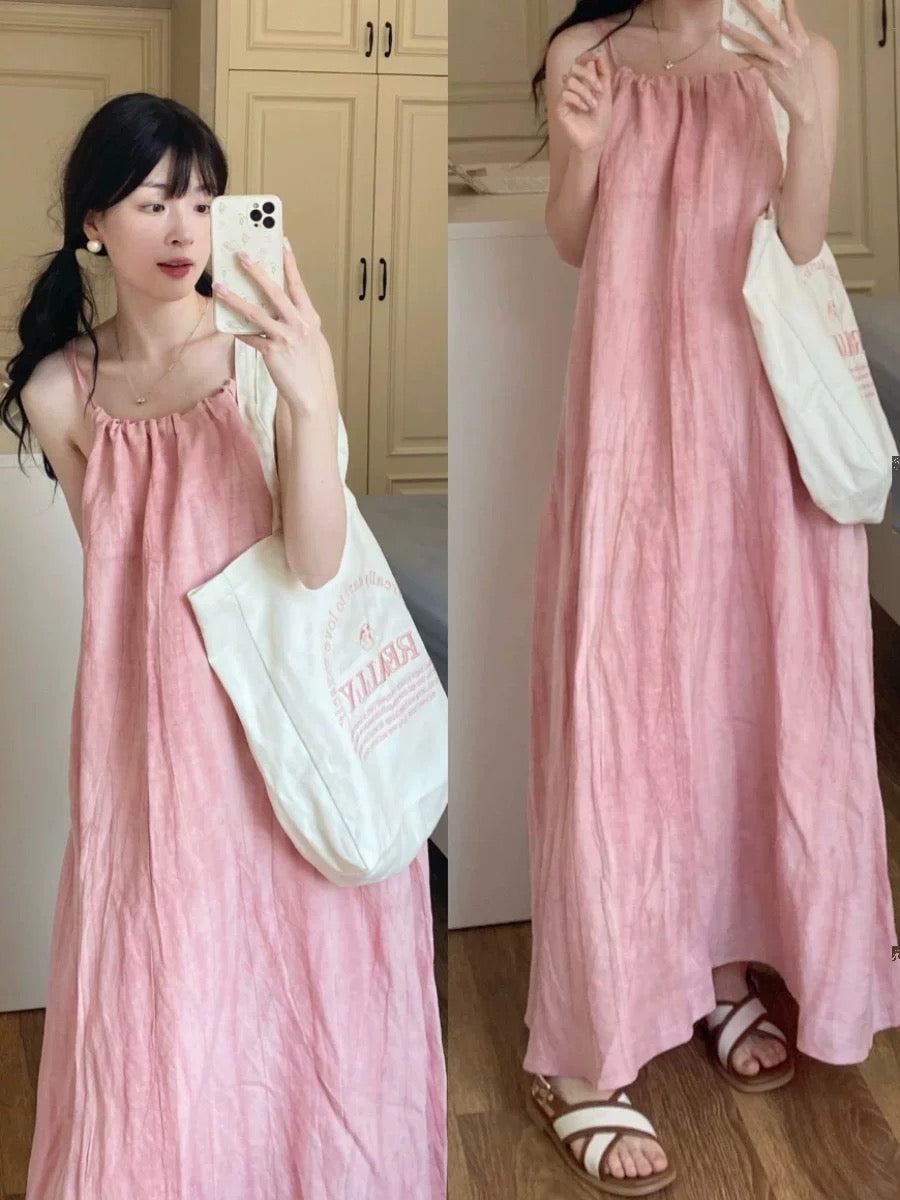 Summer pink halterneck suspender dress for women, loose, lazy, casual, slim, large swing skirt, sleeveless long skirt, holiday style