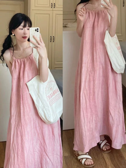 Summer pink halterneck suspender dress for women, loose, lazy, casual, slim, large swing skirt, sleeveless long skirt, holiday style