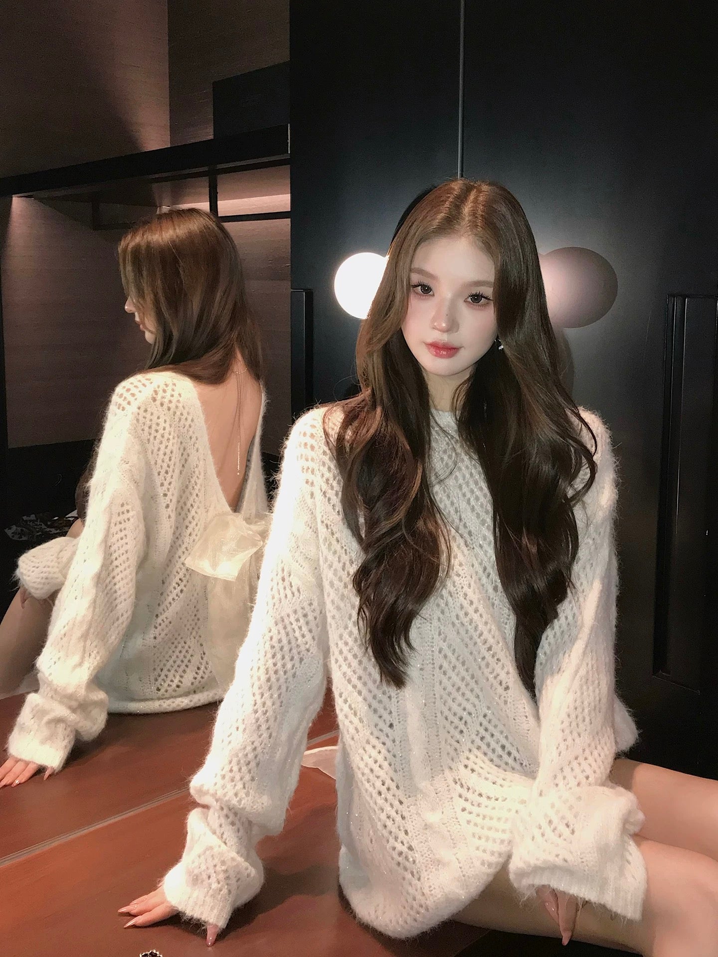 Qiu Rouyao Sexyback atmosphere hollow half back sweater women's autumn sweet soft glutinous knitted sweater top
