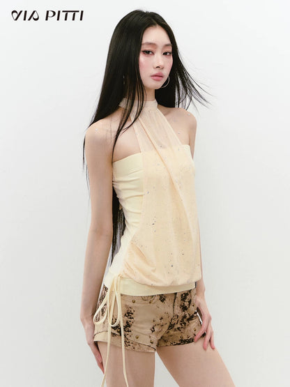 VIAPITTI design chest-wrapped halter neck glittering mesh splicing vest women's summer slim lace-up top
