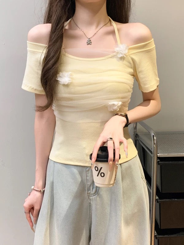 Pure desire sexy lace mesh splicing halter neck tie short-sleeved T-shirt female advanced three-dimensional flower slim shoulder top