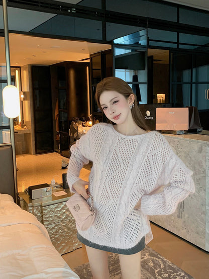 Qiu Rouyao Sexyback atmosphere hollow half back sweater women's autumn sweet soft glutinous knitted sweater top