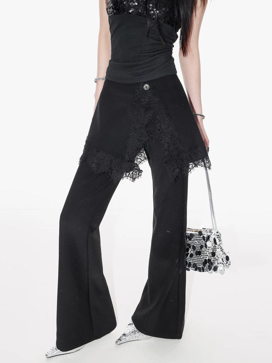 ABWLR Art Ripple - Original Black Rhinestone Flared Pants with Lace Trim and Faux Two-Piece Design for a Casual Look