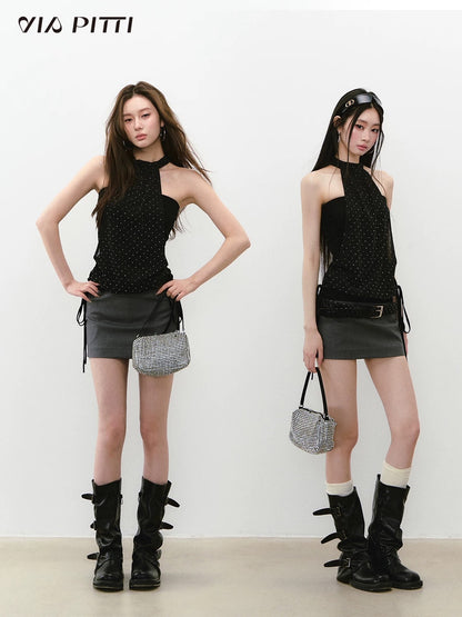 VIAPITTI design chest-wrapped halter neck glittering mesh splicing vest women's summer slim lace-up top