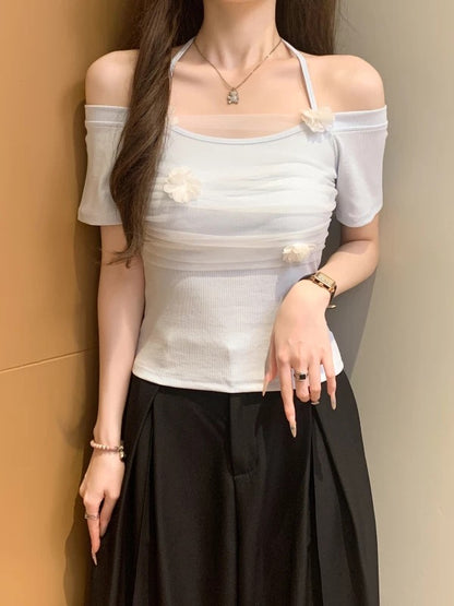 Pure desire sexy lace mesh splicing halter neck tie short-sleeved T-shirt female advanced three-dimensional flower slim shoulder top