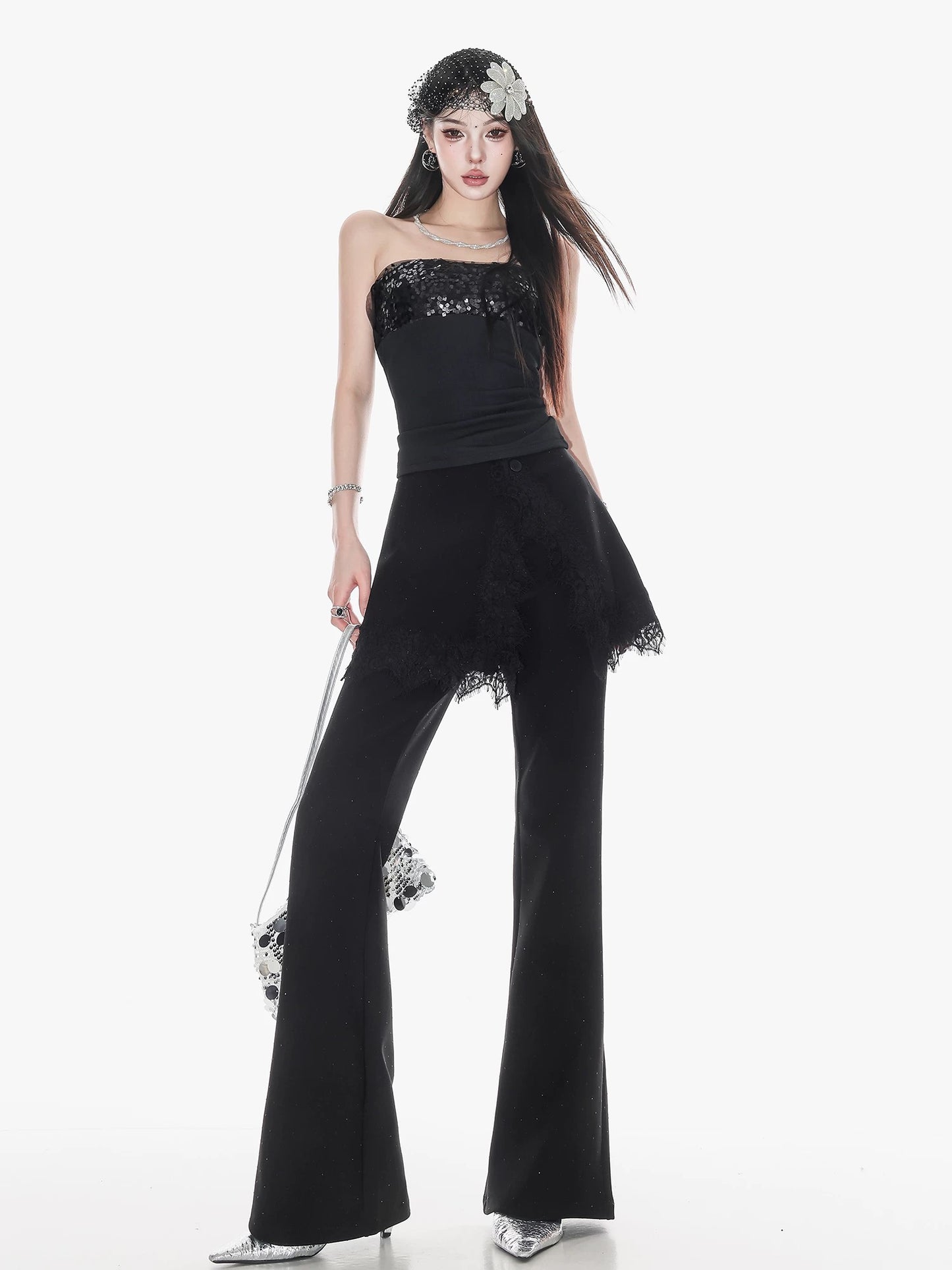 ABWLR Art Ripple - Original Black Rhinestone Flared Pants with Lace Trim and Faux Two-Piece Design for a Casual Look