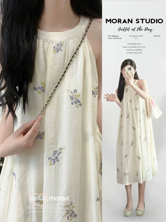 Gentle style embroidered floral halterneck suspender skirt for women summer new style French style loose slimming sleeveless dress