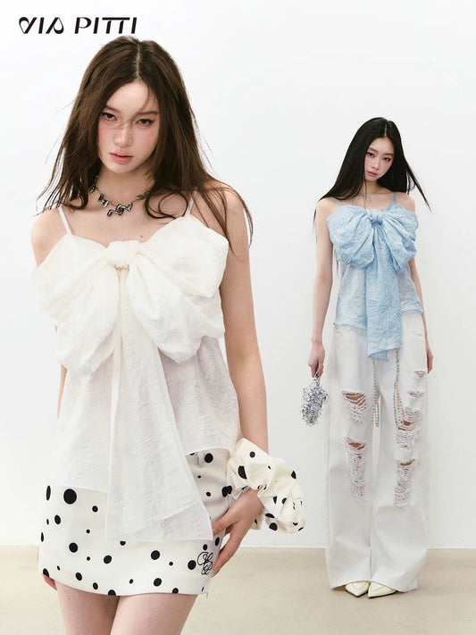 VIAPITTI heavy design big bow pleated thin camisole female summer new versatile top
