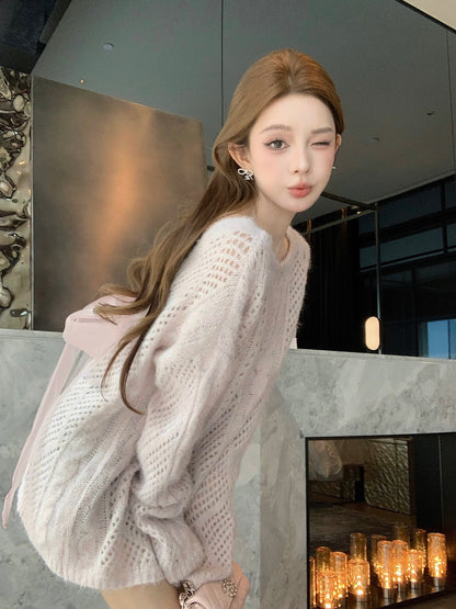 Qiu Rouyao Sexyback atmosphere hollow half back sweater women's autumn sweet soft glutinous knitted sweater top