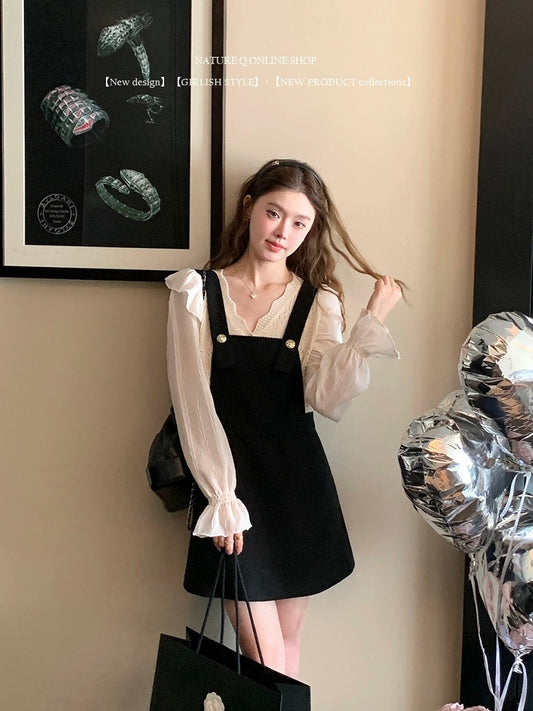 Yang Xiaojuan French style suspender skirt for women Autumn Hepburn style high-end black dress layered with little black skirt