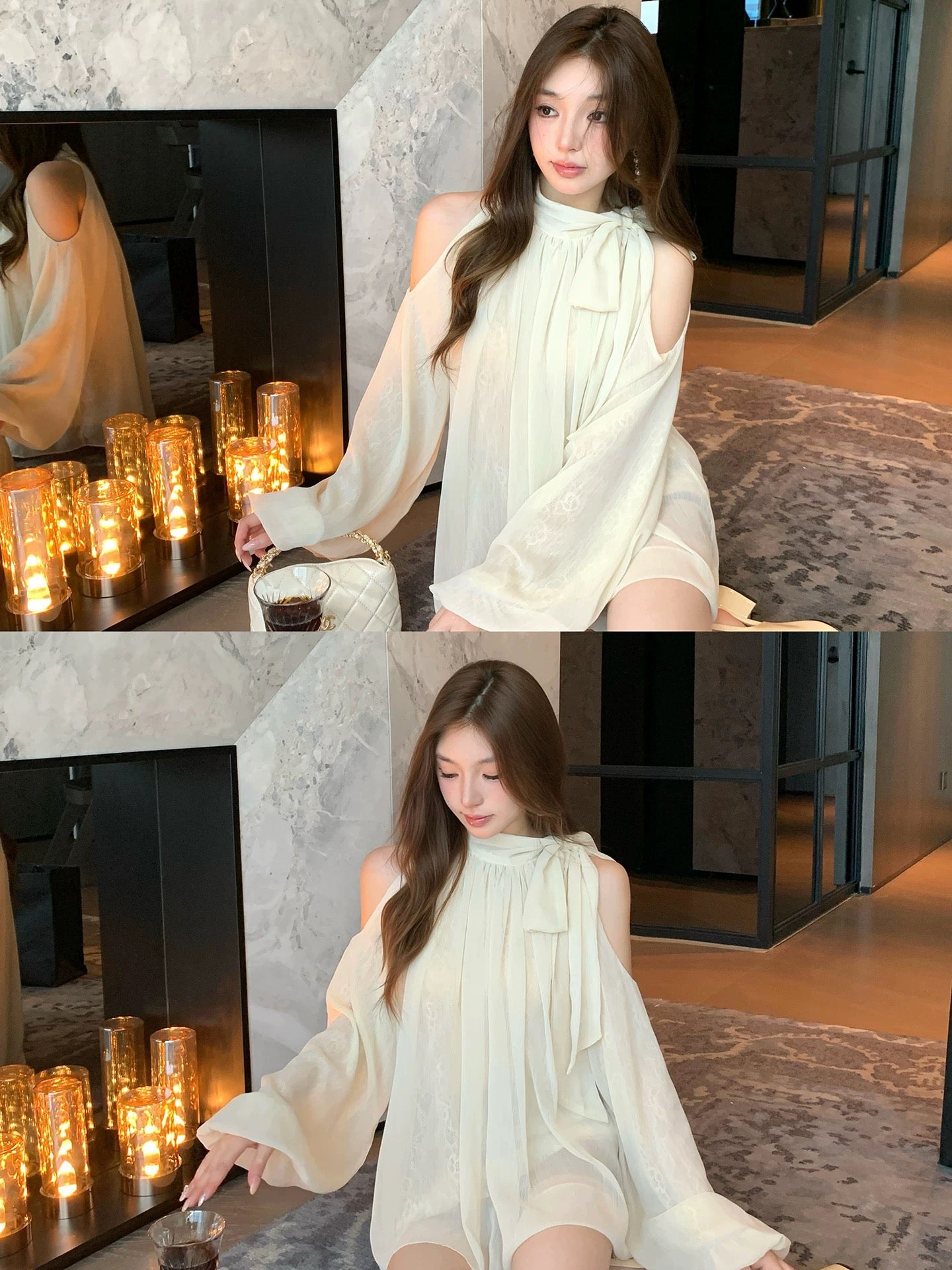 Qiu Rouyao Flowing Tide Design Bowknot Halter Neck Shirt Women's Loose Niche Slim Off-Shoulder Chiffon Shirt