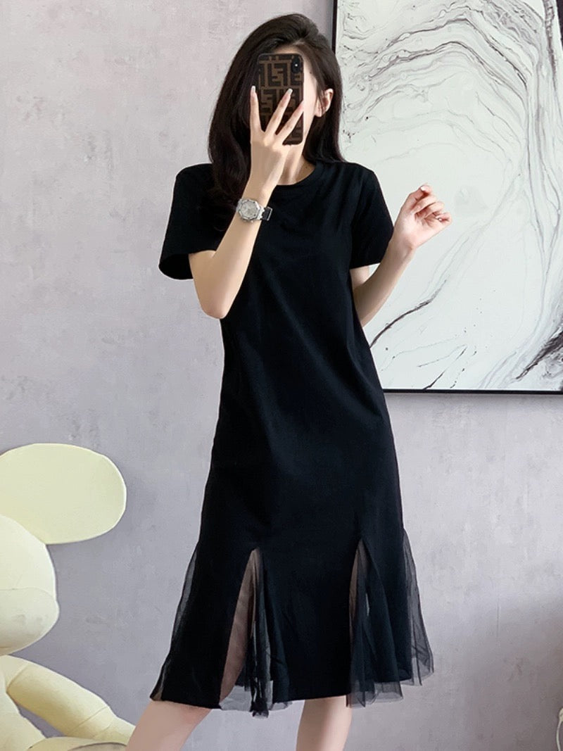 2024 new summer style French Hepburn style little black dress for women mid-length mesh splicing short-sleeved round neck dress