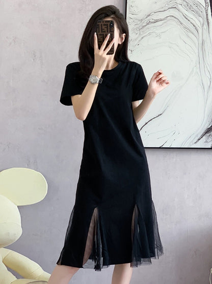2024 new summer style French Hepburn style little black dress for women mid-length mesh splicing short-sleeved round neck dress