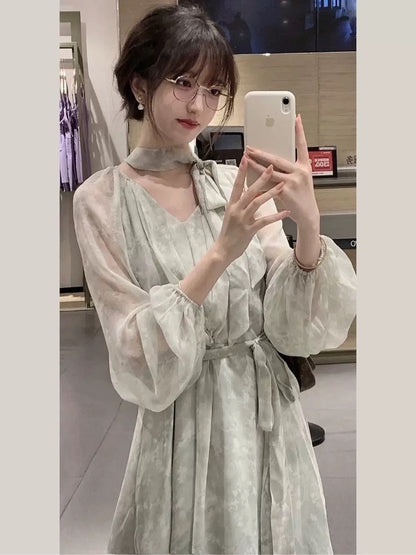 2025 spring and autumn new high-end French gentle style dress women's long-sleeved chiffon green floral long skirt Korean style