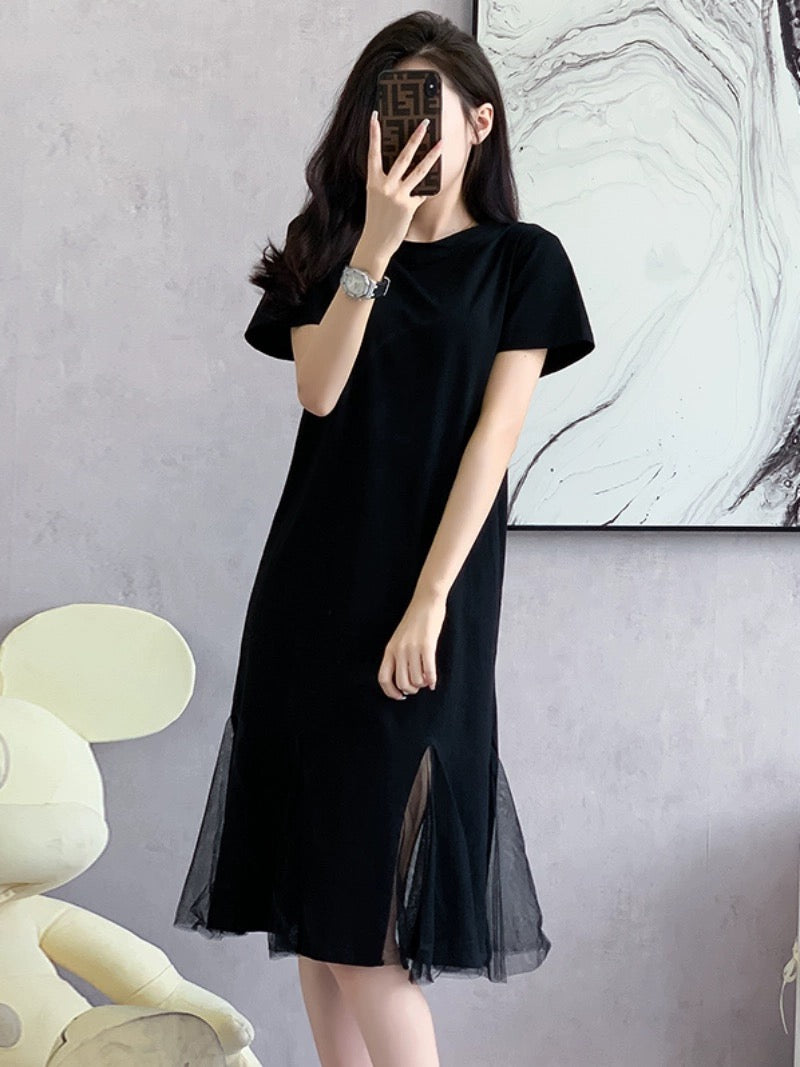 2024 new summer style French Hepburn style little black dress for women mid-length mesh splicing short-sleeved round neck dress