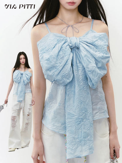 VIAPITTI heavy design big bow pleated thin camisole female summer new versatile top