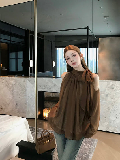 Qiu Rouyao Flowing Tide Design Bowknot Halter Neck Shirt Women's Loose Niche Slim Off-Shoulder Chiffon Shirt