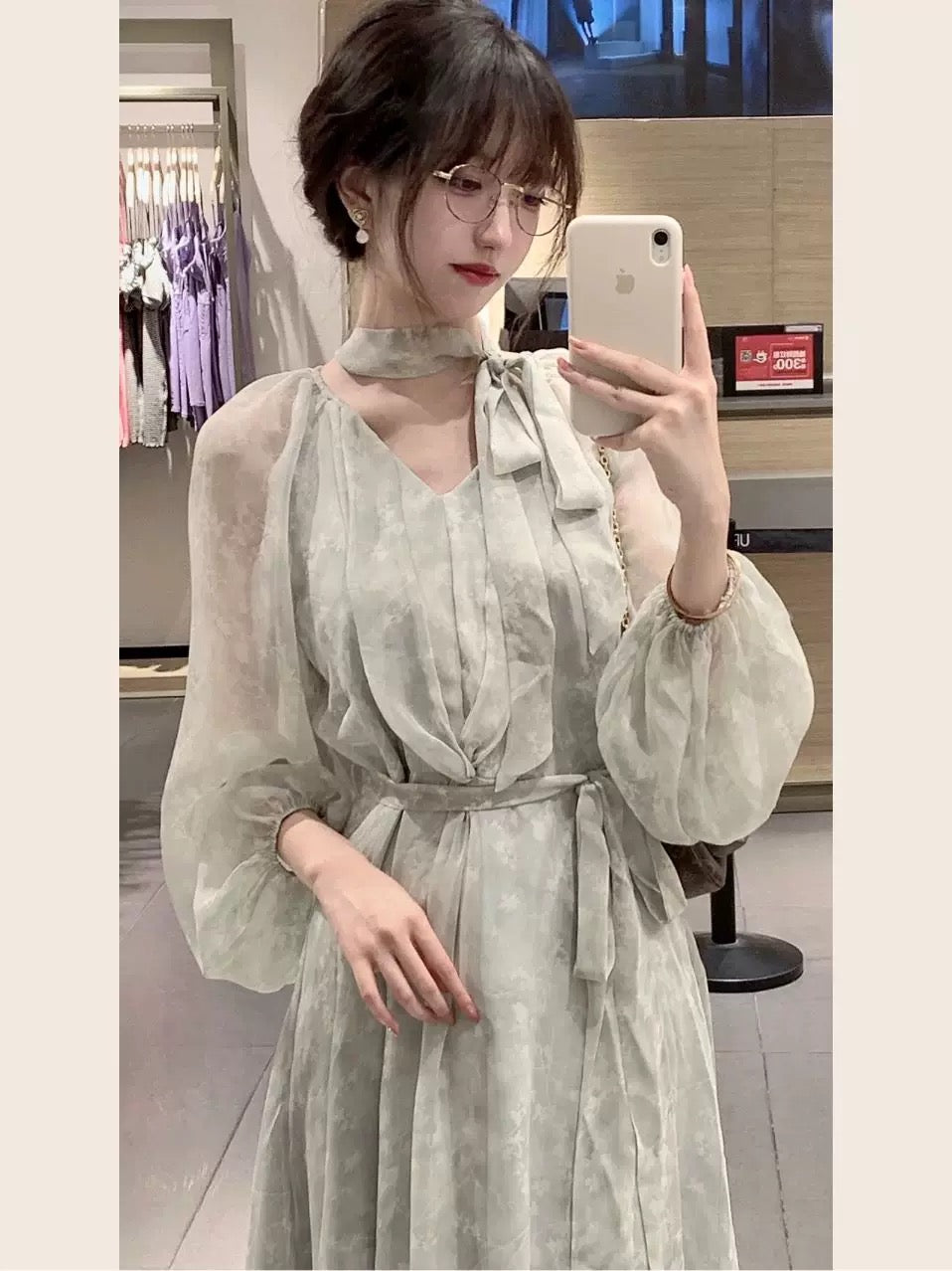 2025 spring and autumn new high-end French gentle style dress women's long-sleeved chiffon green floral long skirt Korean style