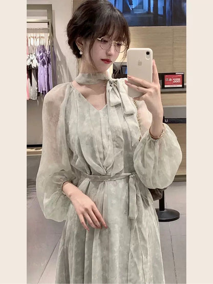 2025 spring and autumn new high-end French gentle style dress women's long-sleeved chiffon green floral long skirt Korean style
