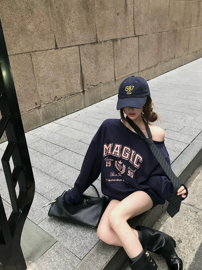 Qiu Rouyao Free City American oblique shoulder sweatshirt women's autumn loose letter print off-shoulder knitted top