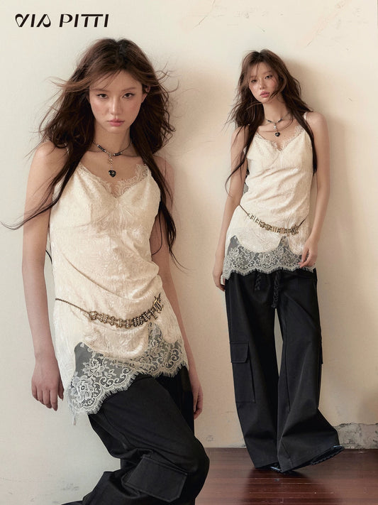 VIAPITTI heavy lace stitching mid-length camisole for women in autumn with slim tops and bottoming shirts