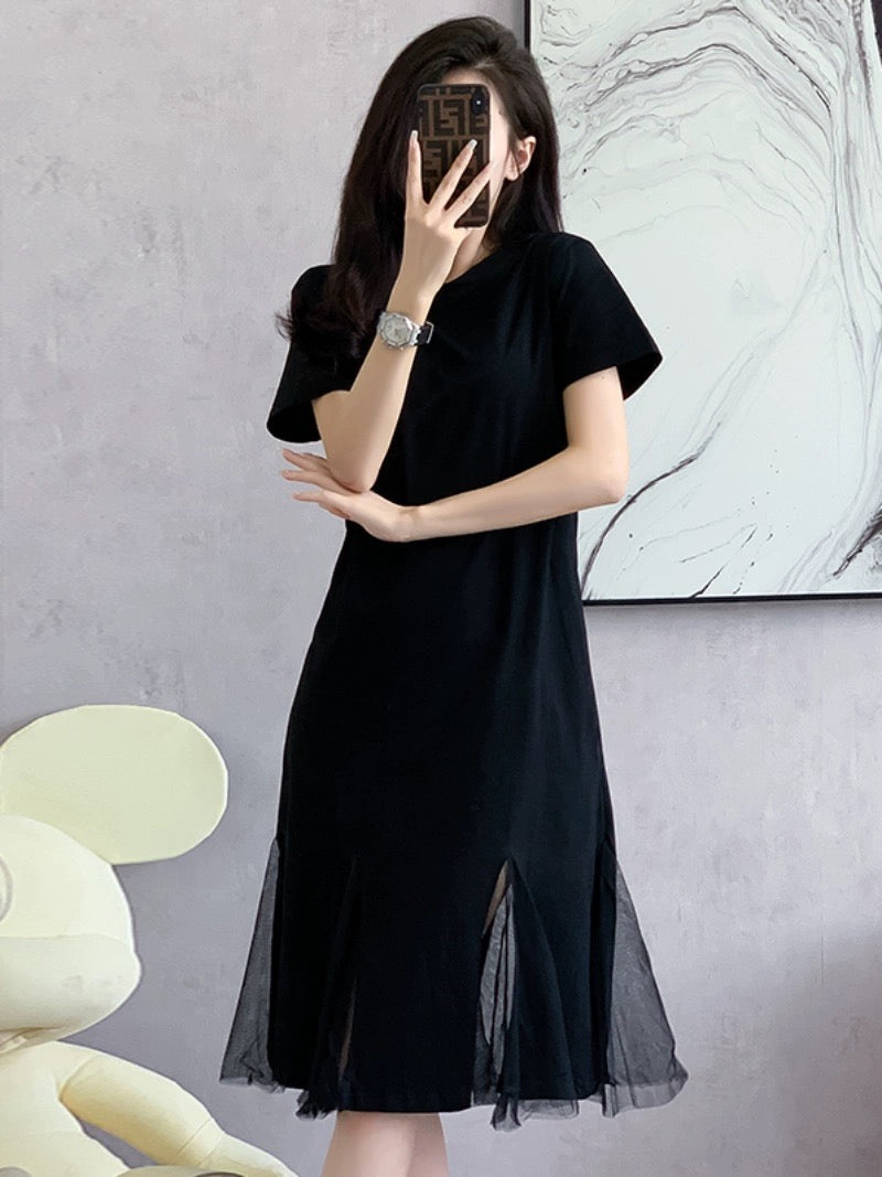 2024 new summer style French Hepburn style little black dress for women mid-length mesh splicing short-sleeved round neck dress