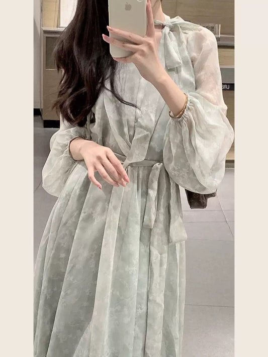 2025 spring and autumn new high-end French gentle style dress women's long-sleeved chiffon green floral long skirt Korean style