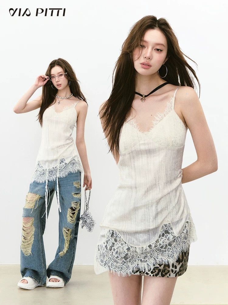 VIAPITTI heavy lace stitching mid-length camisole for women in autumn with slim tops and bottoming shirts