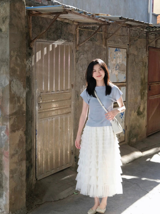 Xiaoxiangfeng Internet celebrity goddess style two-piece chic top t-shirt cake skirt suit gentle style summer outfit