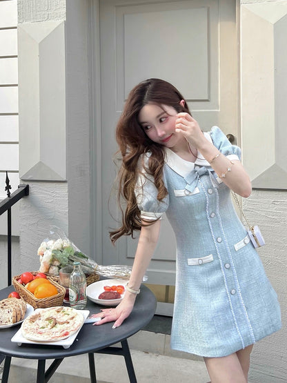 Q Girl's Sea Salt Cheese/Milk Blue Small Fragrance Dress for Small Women Summer High-end and Light Luxury 2024