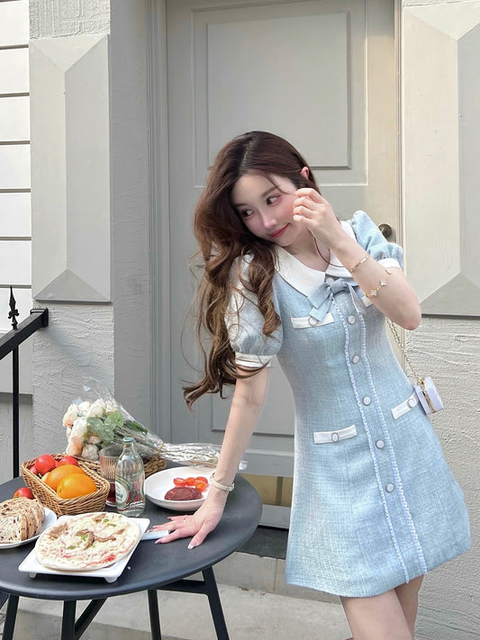 Q Girl's Sea Salt Cheese/Milk Blue Small Fragrance Dress for Small Women Summer High-end and Light Luxury 2024