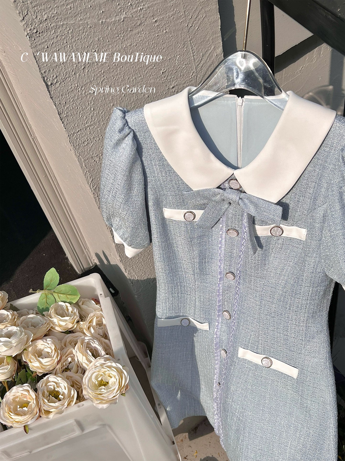 Q Girl's Sea Salt Cheese/Milk Blue Small Fragrance Dress for Small Women Summer High-end and Light Luxury 2024