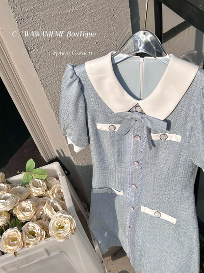 Q Girl's Sea Salt Cheese/Milk Blue Small Fragrance Dress for Small Women Summer High-end and Light Luxury 2024