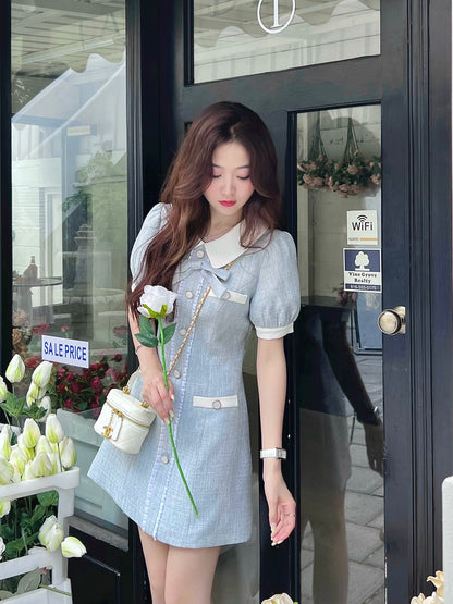 Q Girl's Sea Salt Cheese/Milk Blue Small Fragrance Dress for Small Women Summer High-end and Light Luxury 2024