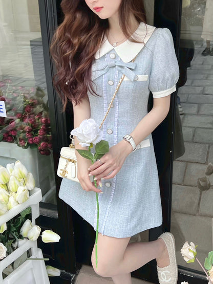 Q Girl's Sea Salt Cheese/Milk Blue Small Fragrance Dress for Small Women Summer High-end and Light Luxury 2024