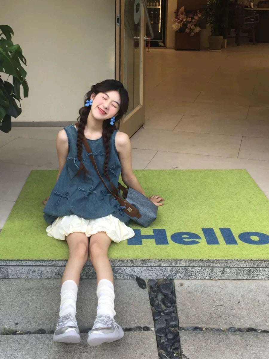 Sweet cool girl dopamine outfit two-piece suit bow sleeveless denim top flower bud skirt petite