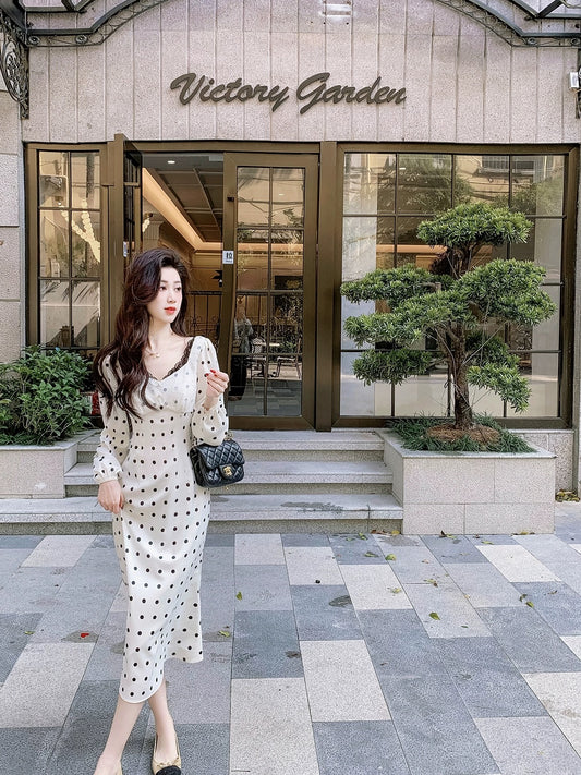 Fish Rabbit's Rabbit French Polka Dot Dress Women's Spring High-Quality Mid-Length Skirt Temperament Lady Long Skirt